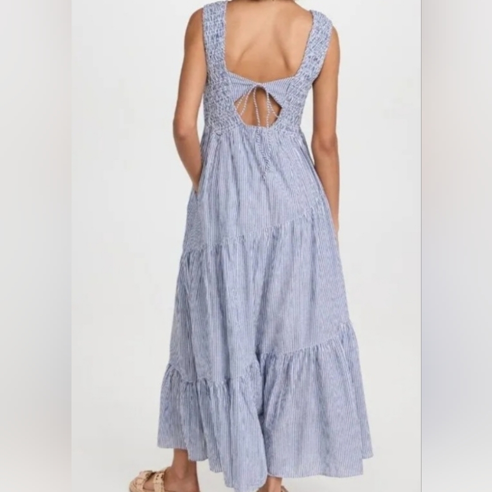 Free People Juni Maxi Dress | Ivory Blue Stripe Smocked Tiered Maxi | NWT | sz M - Picture 2 of 9